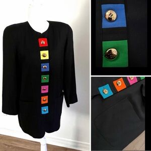 Vintage long blazer / oversized / black multicoloured & gold detailing / 🇨🇦 made